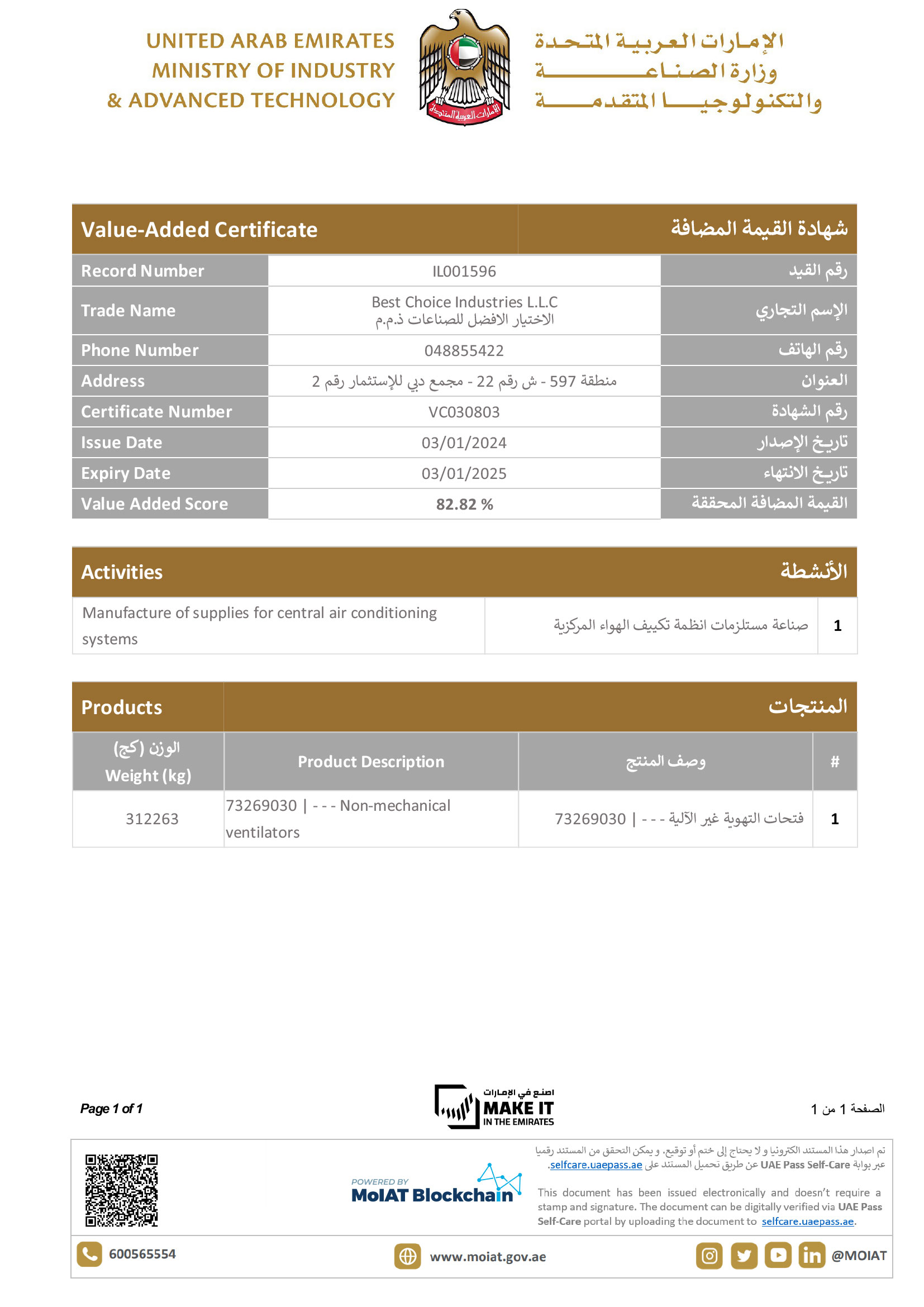 VALUE ADDED CERTIFICATE - MINISTRY OF INDUSTRY valid till 03.01.2025